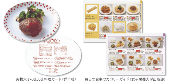 実物大そのまんま料理カード（群羊社）／毎日の食事カロリーガイド（女子栄養大学出版部）